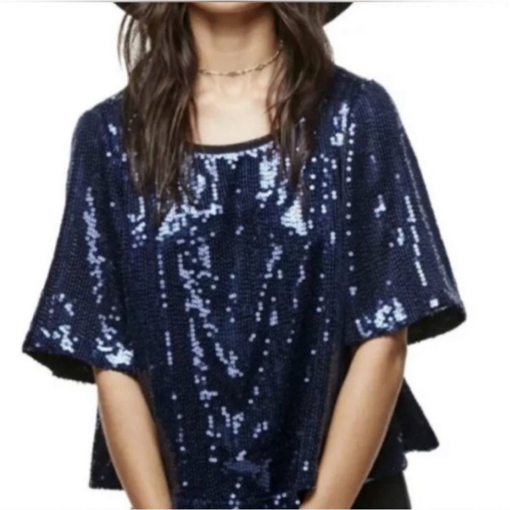 Free People Blue Sequin Boxy Blouse - Picture 1 of 3